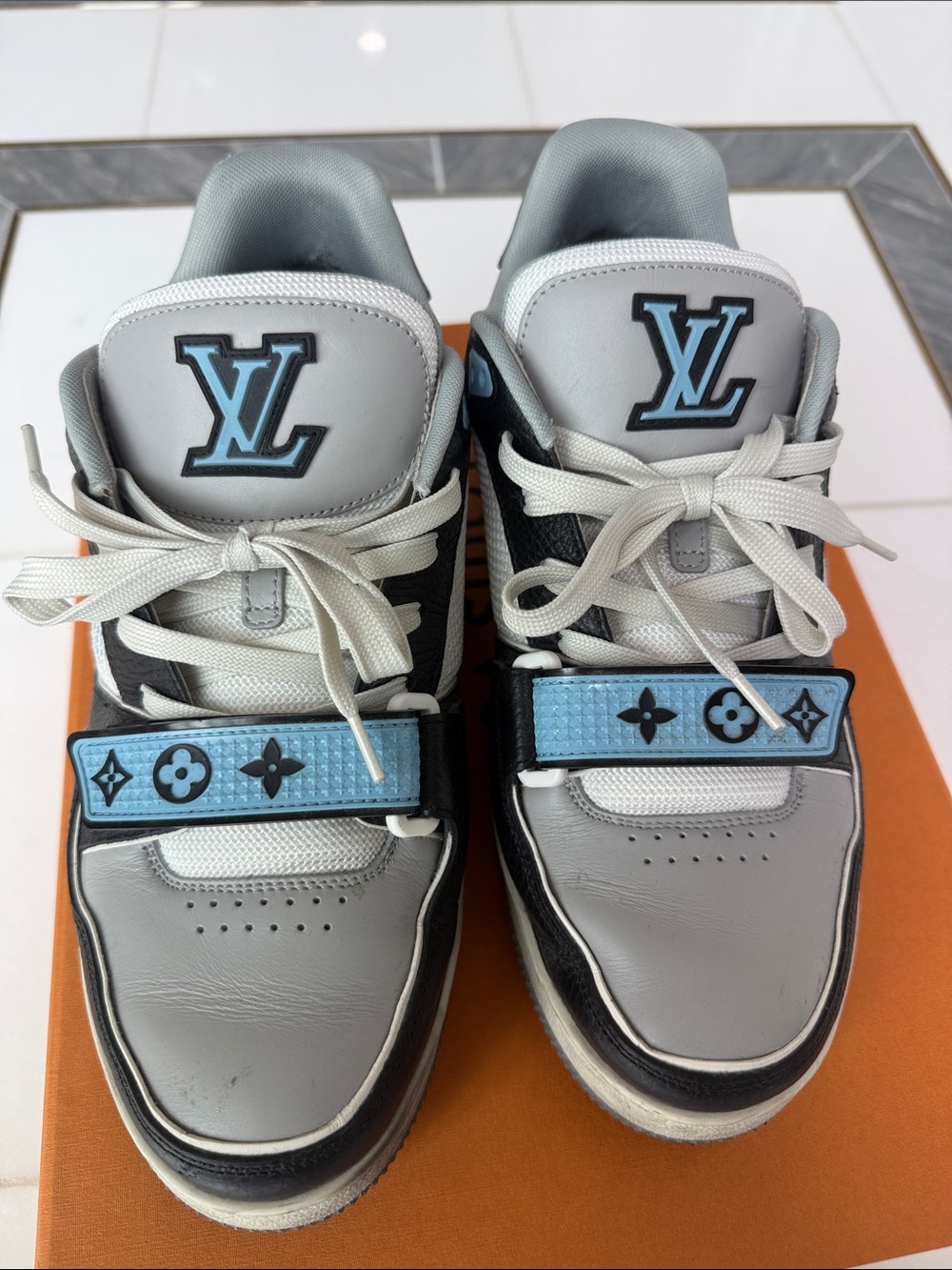 Louis Vuitton LV trainer strap black blue grey